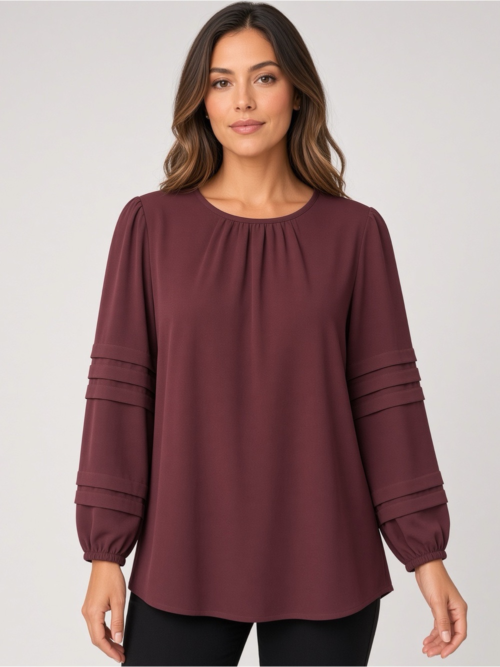 Women's Pintuck-Sleeve Blouse in Burgundy